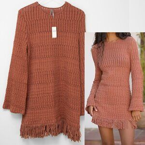 Anthropologie Long Sleeve Knit Mini Dress Fringe Hem Cocoa Brown Size Large New